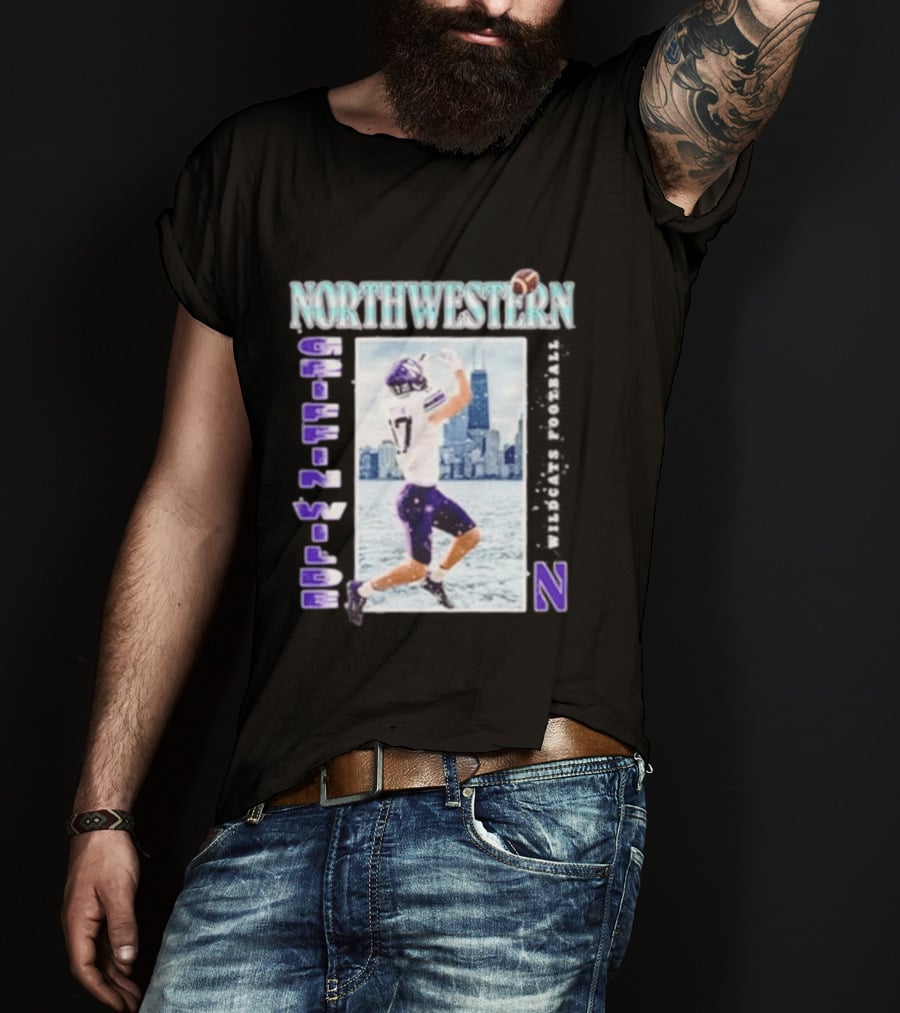 Northwestern Wildcats Football Griffin Wilde No 17 Chicago Skyline T-Shirt