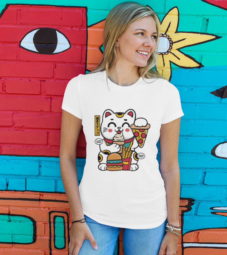 Lucky Bites Happy Vibes Maneki Neko Cat Ice Cream Pizza Burger Fries T-Shirt