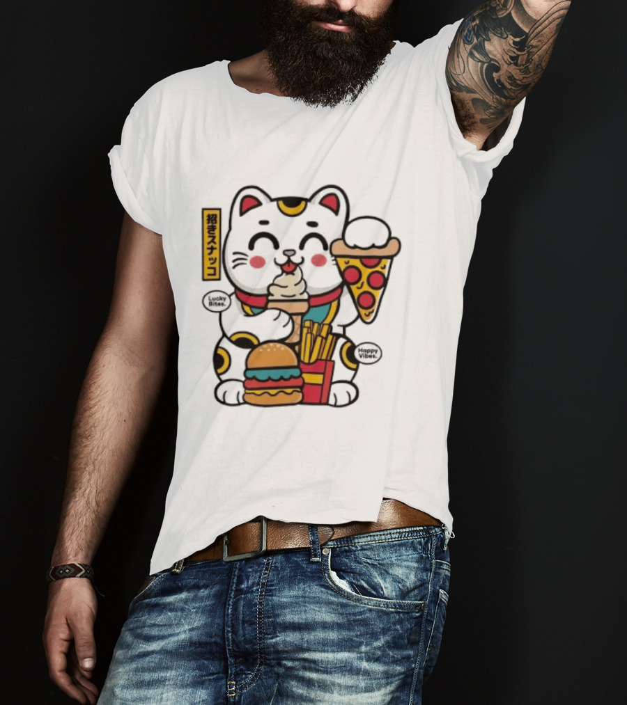 Lucky Bites Happy Vibes Maneki Neko Cat Ice Cream Pizza Burger Fries T-Shirt