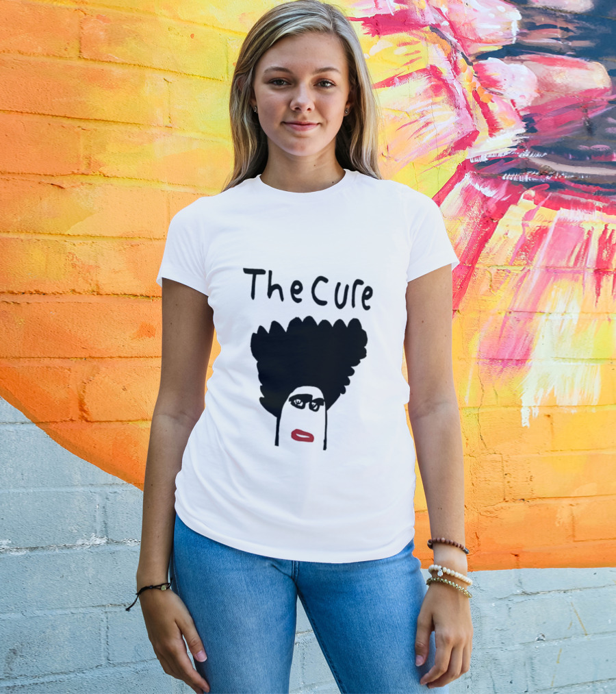 The Cure Hand Drawn Robert Smith Bold Hair Red Lips Black Glasses T-Shirt