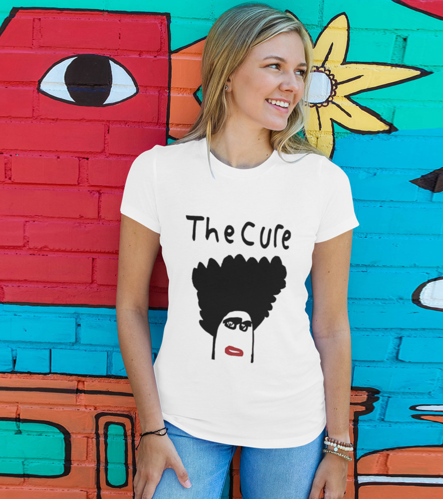 The Cure Hand Drawn Robert Smith Bold Hair Red Lips Black Glasses T-Shirt