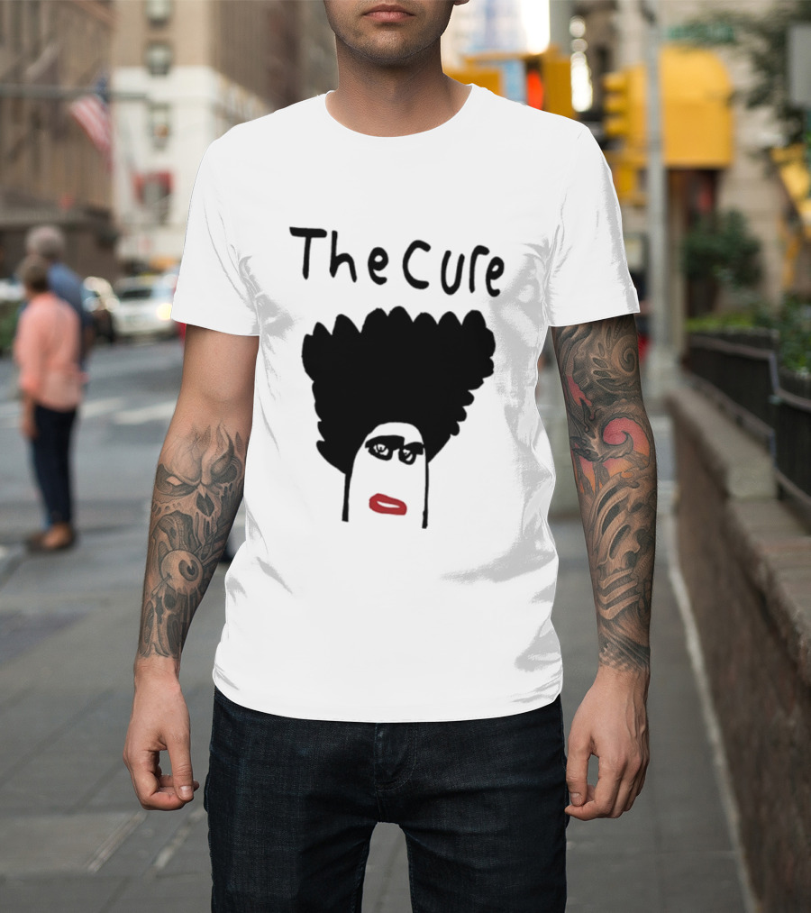 The Cure Hand Drawn Robert Smith Bold Hair Red Lips Black Glasses T-Shirt