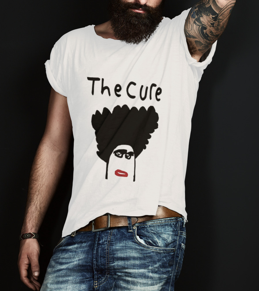 The Cure Hand Drawn Robert Smith Bold Hair Red Lips Black Glasses T-Shirt
