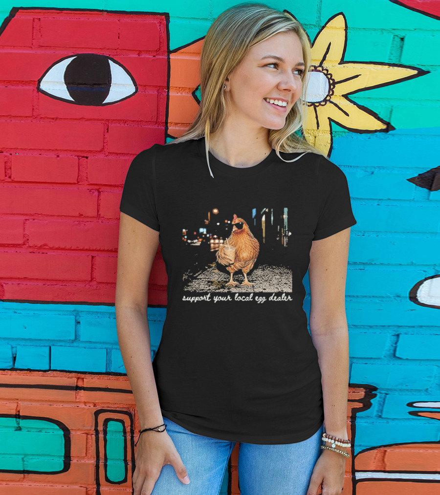 Chicken Drinking Iced Coffee Support Your Local Egg Dealer T-Shirt