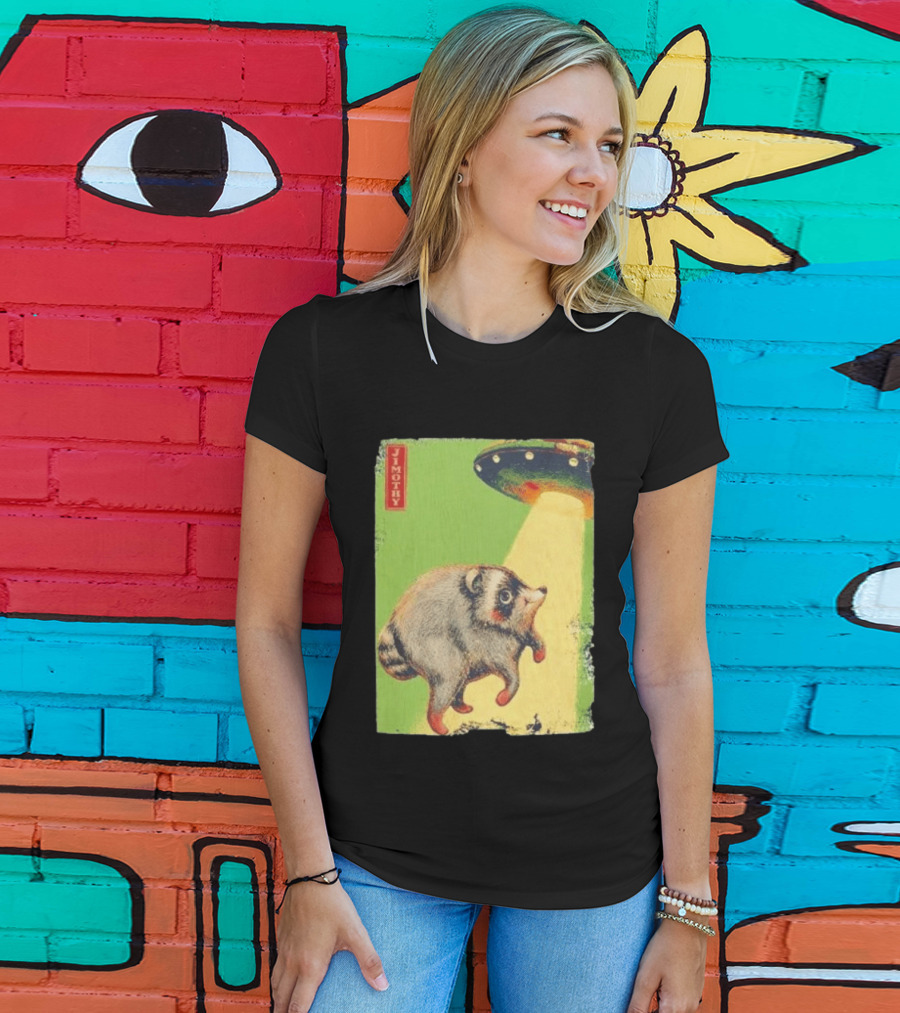 Jimothy Raccoon Abducted By UFO Alien Beam On Green T-Shirt