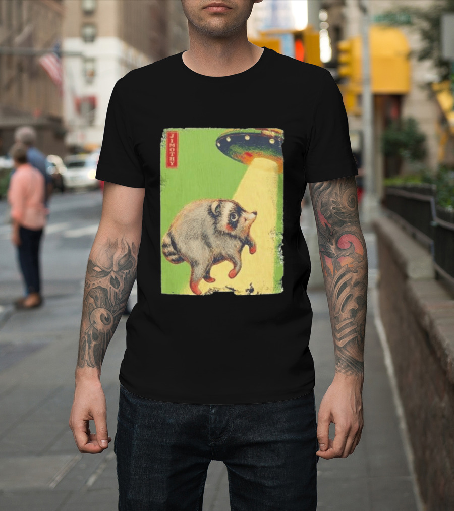 Jimothy Raccoon Abducted By UFO Alien Beam On Green T-Shirt