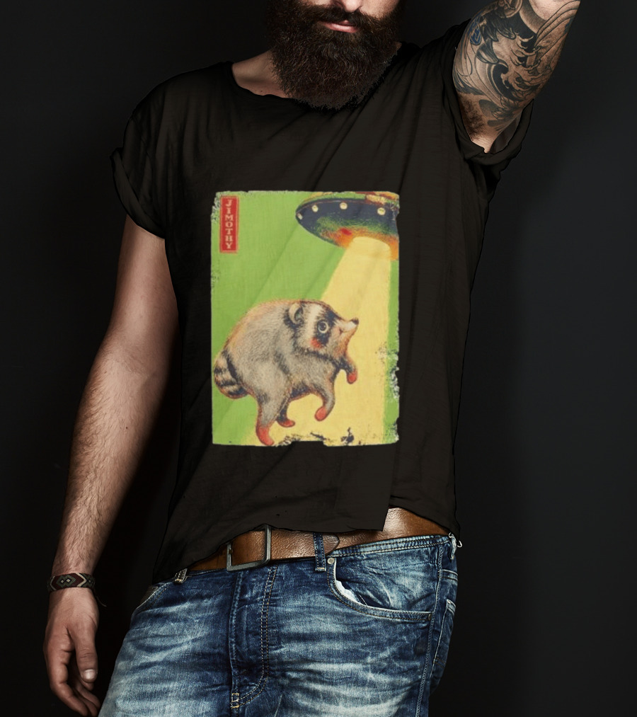 Jimothy Raccoon Abducted By UFO Alien Beam On Green T-Shirt