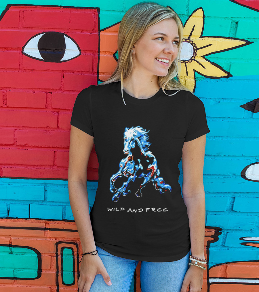 Wild Horse Wild And Free Blue Red Watercolor T-Shirt