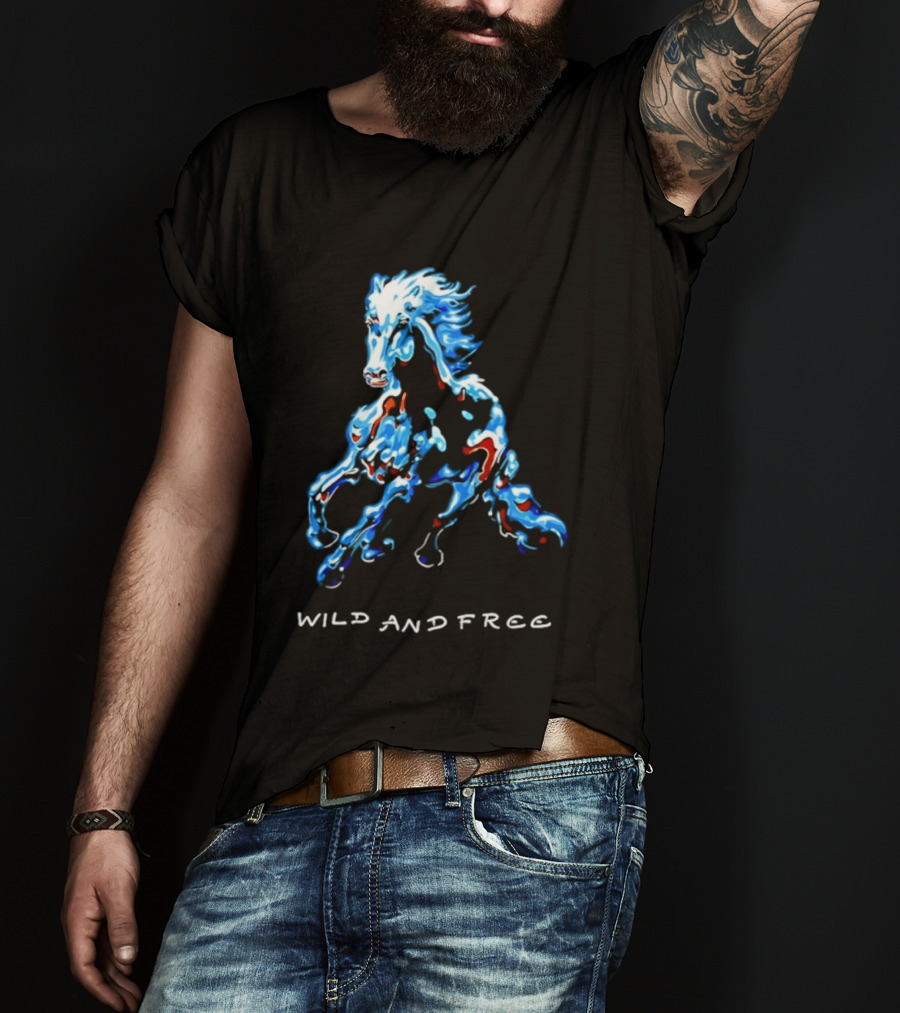 Wild Horse Wild And Free Blue Red Watercolor T-Shirt