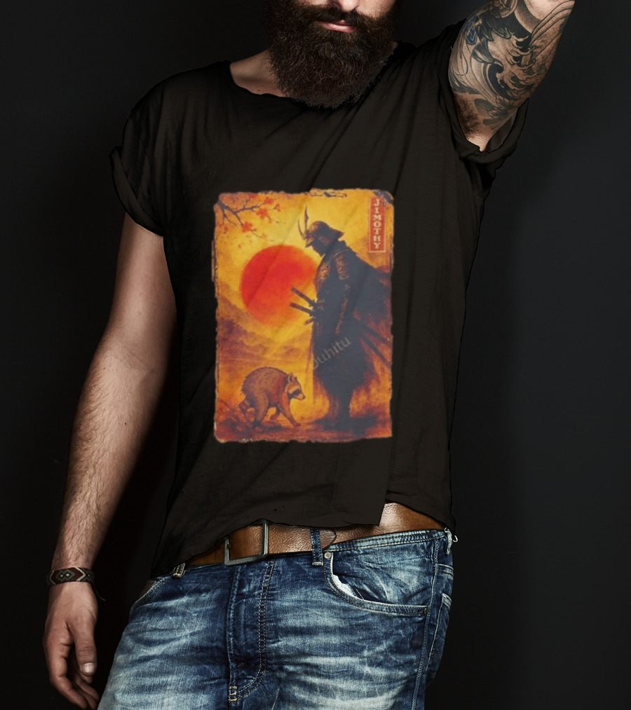 Jimothy Samurai Warrior And Raccoon Japanese Sunset T-Shirt