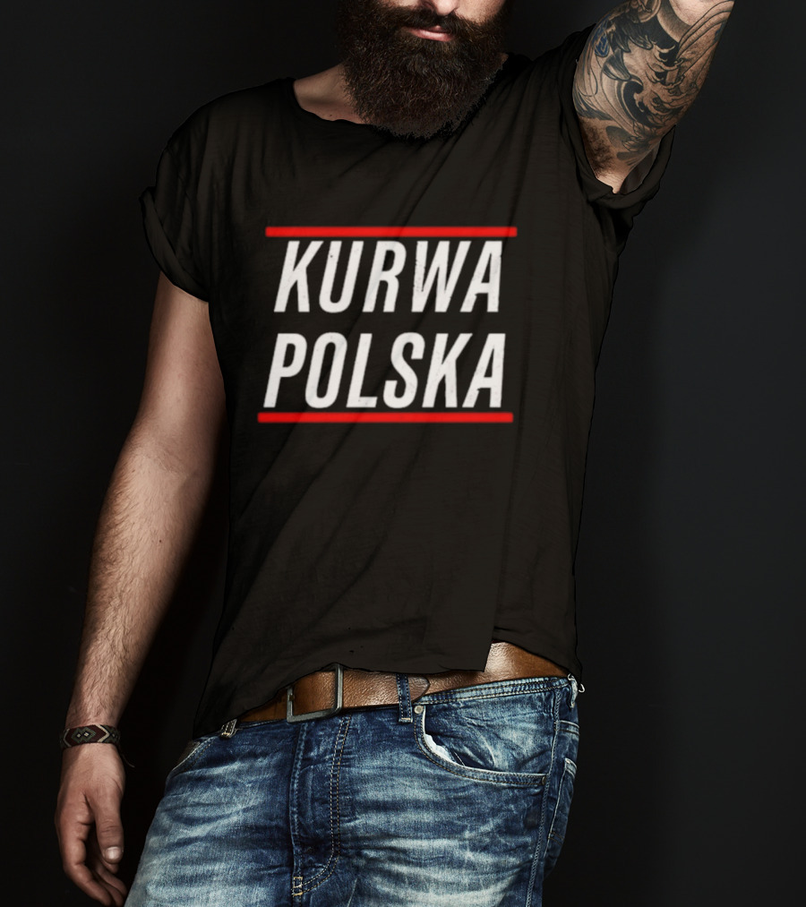 Kurwa Polska Bold White Text Design Red Lines T-Shirt