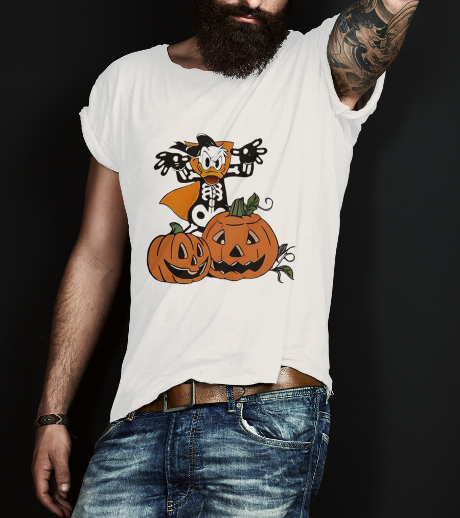 Donald Duck Skeleton Costume With Pumpkins Disney Halloween T-Shirt