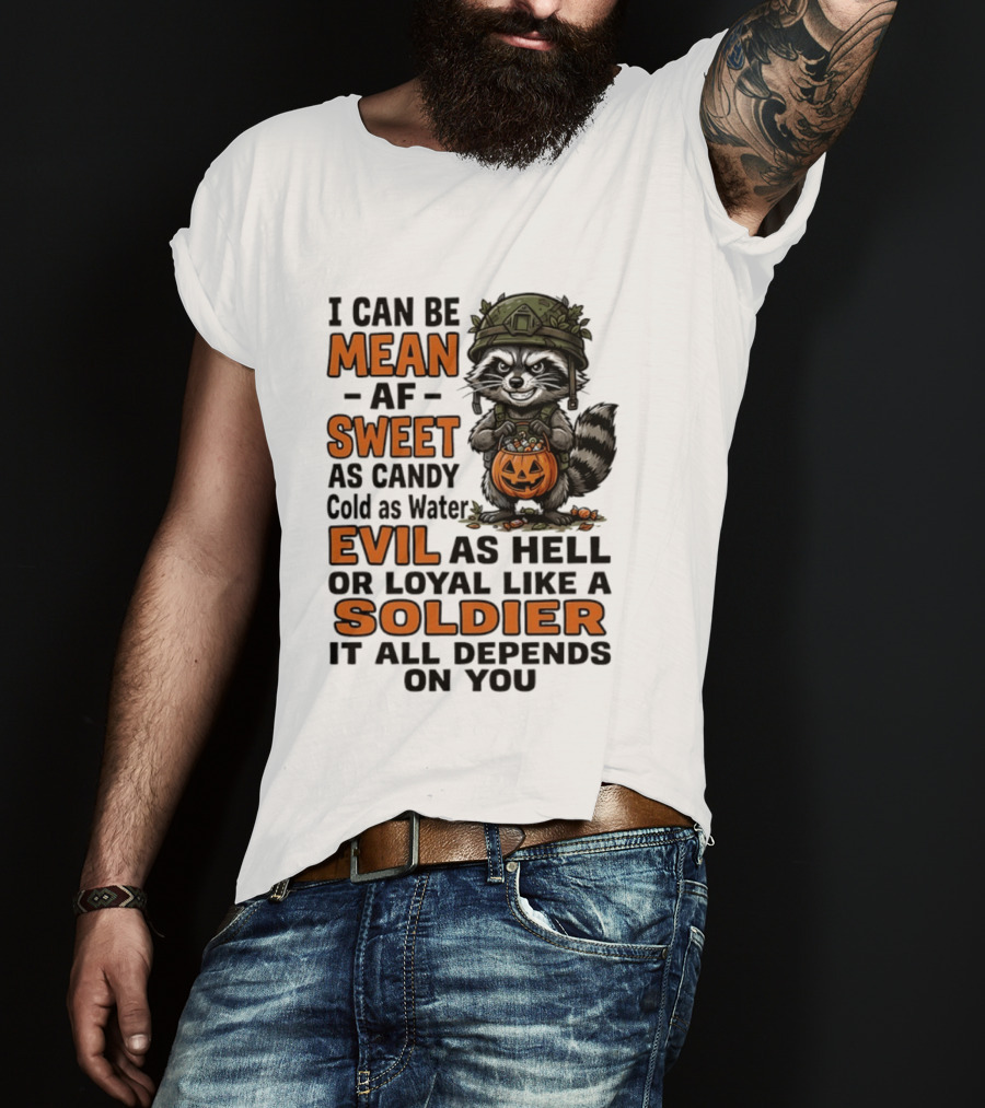 Raccoon I Can Be Mean AF Sweet As Candy Cold As Water Evil As Hell Or Loyal Like A Soldier It All Depends On You T-Shirt