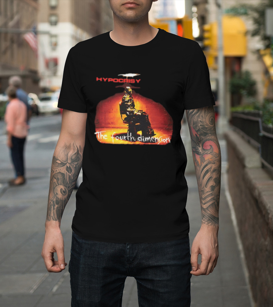 Hypocrisy The Fourth Dimension Red Text And Seated Figure T-Shirt