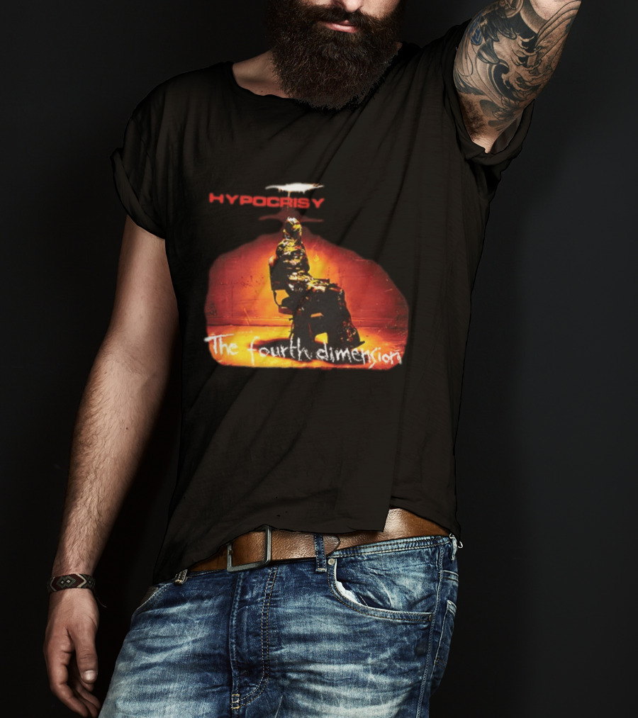 Hypocrisy The Fourth Dimension Red Text And Seated Figure T-Shirt