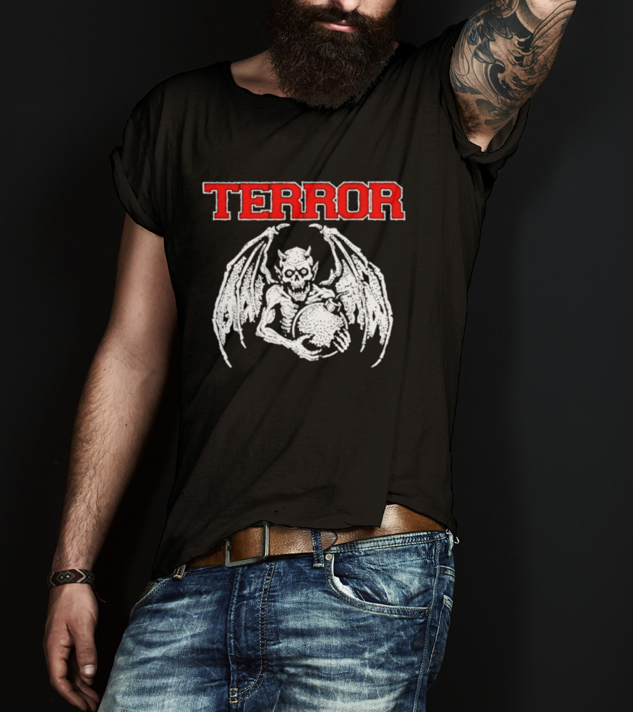 Terror Red Lettering Demon With Wings Holding Bomb T-Shirt