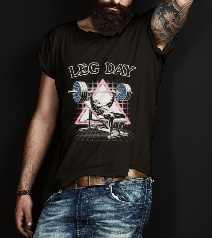 Leg Day Skeleton Weightlifting Gym Bodybuilding 80s Aesthetic Neon Triangle T-Shirt