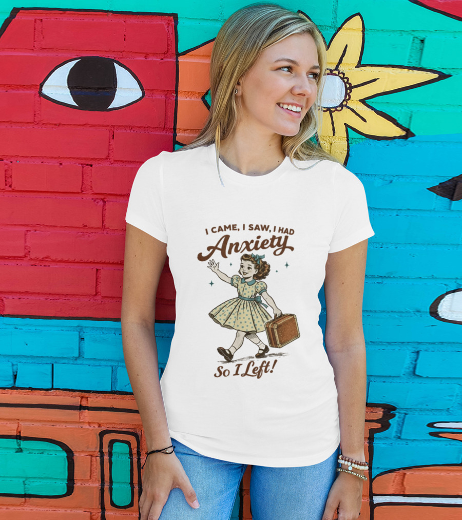 I Came I Saw I Had Anxiety So I Left Vintage Style Retro Girl Carrying Suitcase T-Shirt