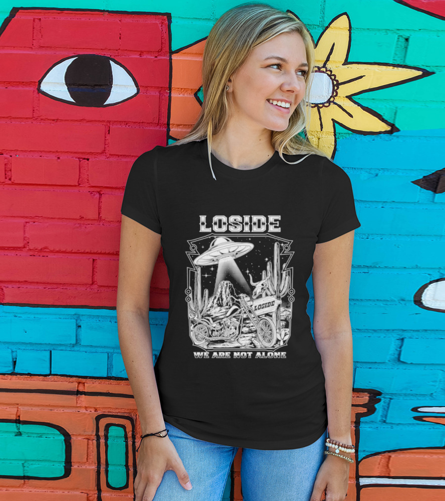 Loside We Are Not Alone UFO Motorcycle Desert Scene Cactus Stars T-Shirt