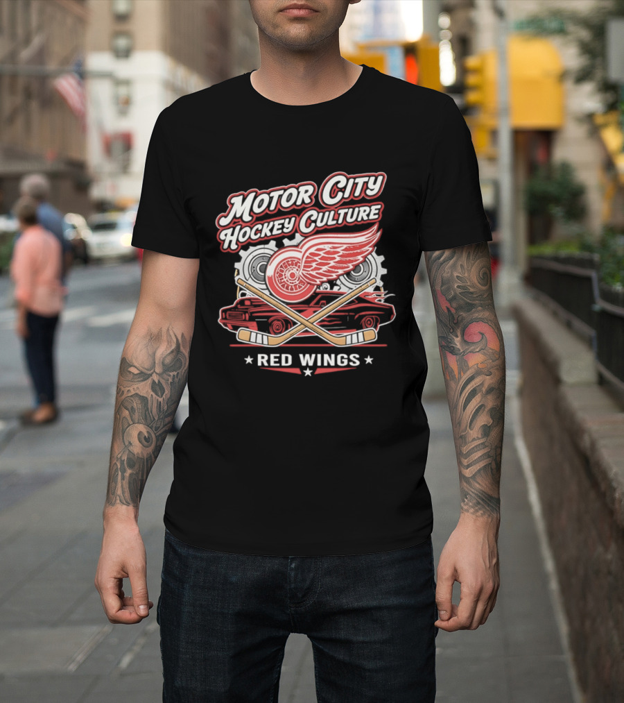 Motor City Hockey Culture Red Wings NHL Classic Logo And Car T-Shirt