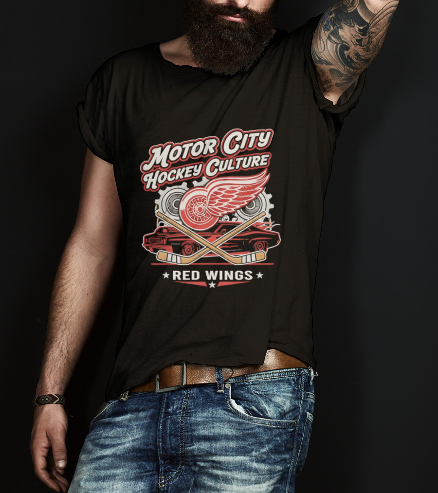 Motor City Hockey Culture Red Wings NHL Classic Logo And Car T-Shirt