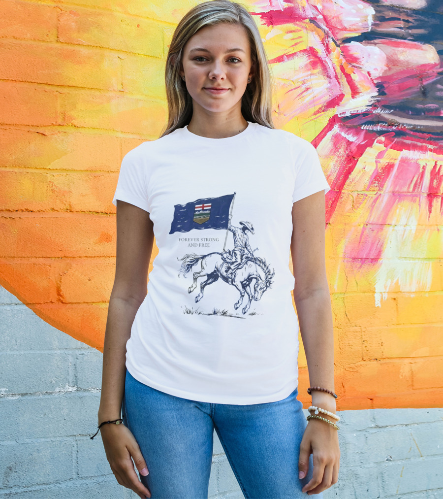 Alberta Flag Forever Strong And Free Bronco Rider Cowboy T-Shirt