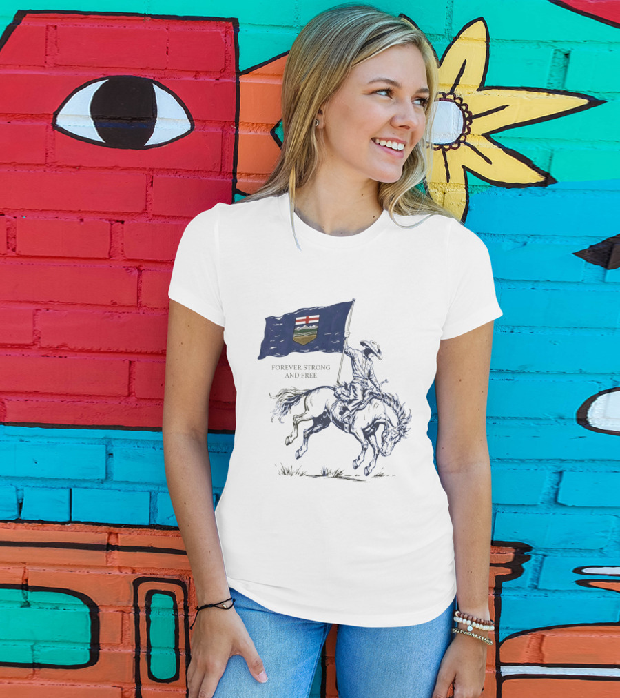 Alberta Flag Forever Strong And Free Bronco Rider Cowboy T-Shirt
