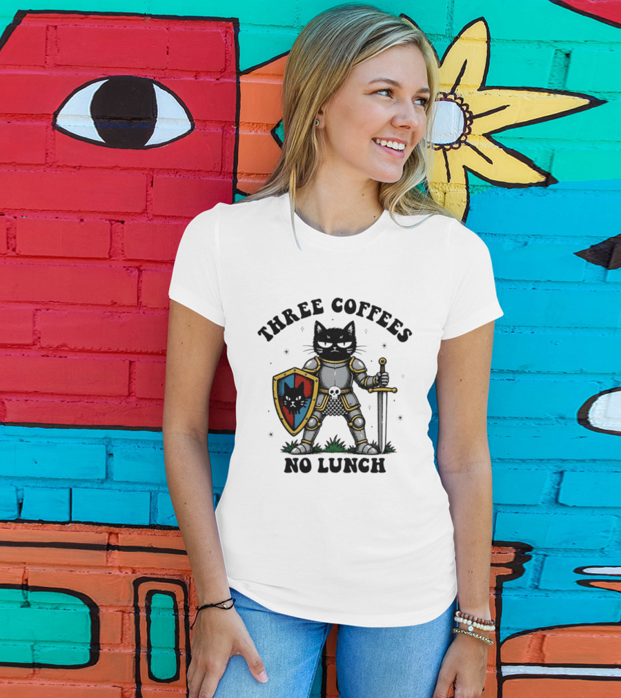 Three Coffees No Lunch Black Cat Armored Knight Shield T-Shirt