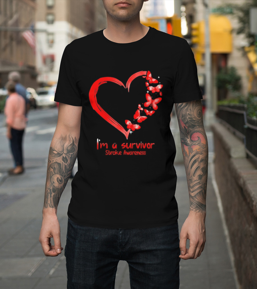 I'm A Survivor Stroke Awareness Heart And Red Butterflies T-Shirt