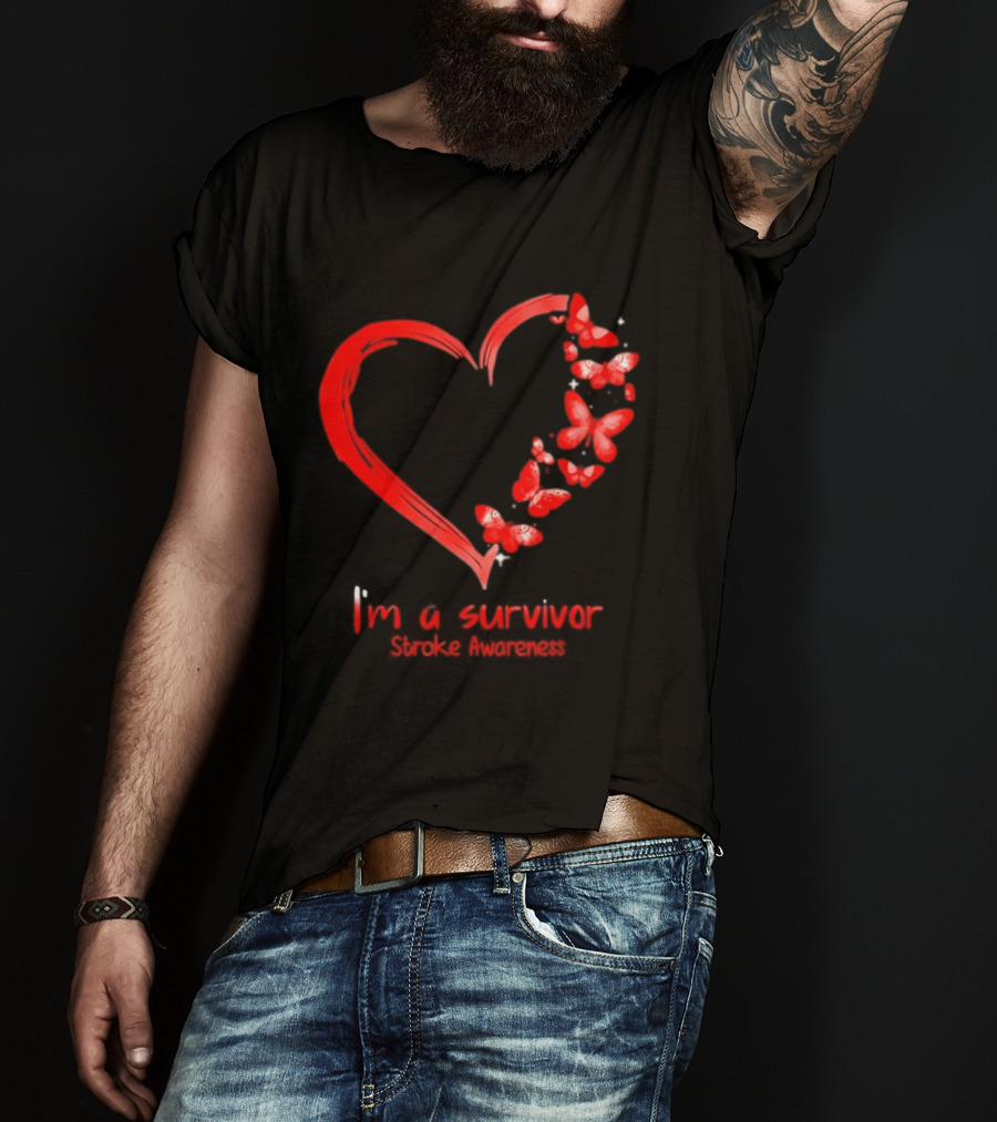 I'm A Survivor Stroke Awareness Heart And Red Butterflies T-Shirt