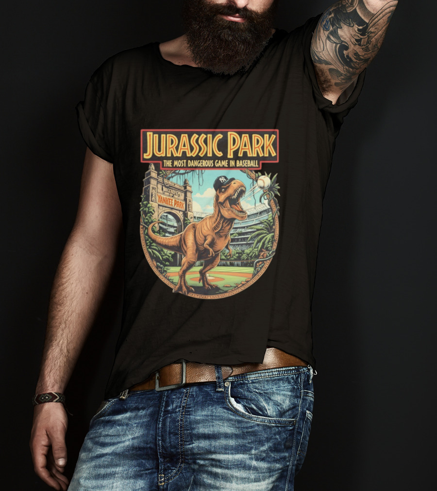 Jurassic Park The Most Dangerous Game In Baseball Yankee Park Rex Stadium Adventure T-Shirt
