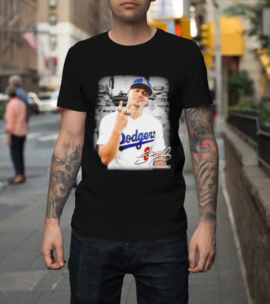 Kike Hernandez Los Angeles Dodgers MLB Number 14 Autographed Photo T-Shirt