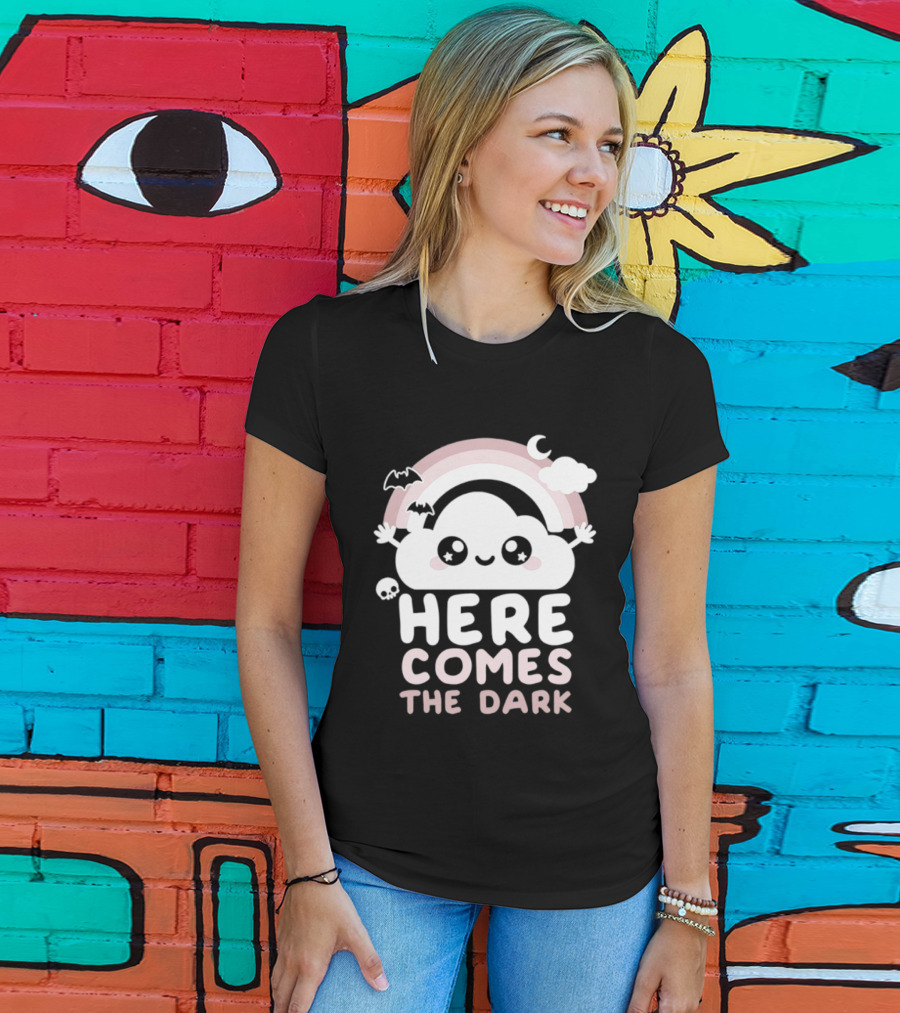 Here Comes The Dark Cute Cloud Rainbow Bats Moon And Stars T-Shirt
