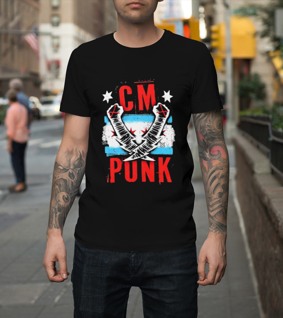 CM Punk Chicago Flag Lightning Bolt Fist WWE Stars T-Shirt
