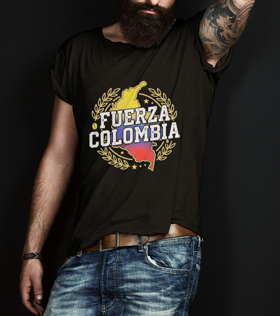 Fuerza Colombia Map Yellow Blue Red Laurel And Stars T-Shirt