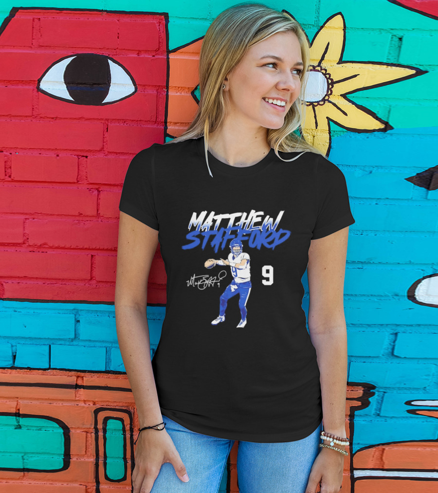 Matthew Stafford 9 Autograph Los Angeles Rams Quarterback Action Pose T-Shirt