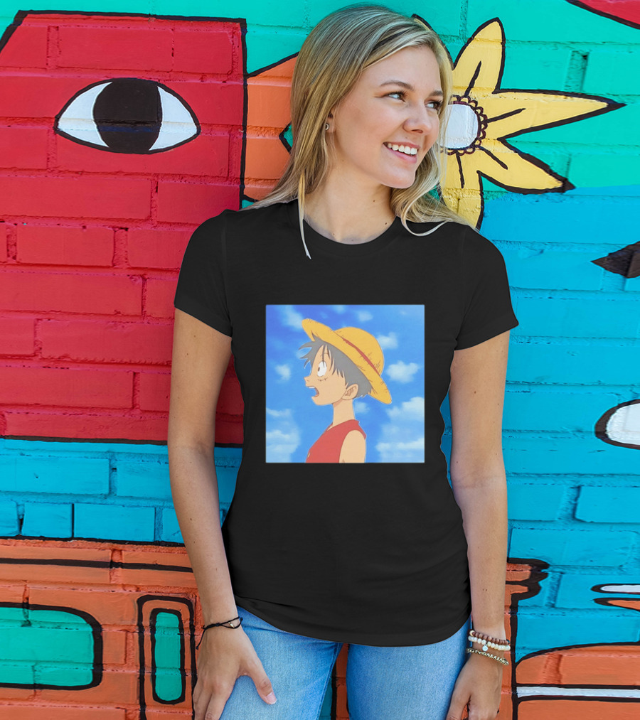 Monkey D Luffy Sky Gazing Red Vest Yellow Straw Hat Anime Scene Clouds Blue Sky T-Shirt