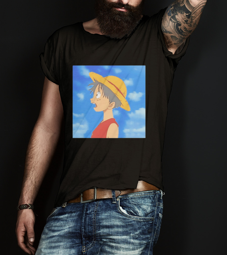 Monkey D Luffy Sky Gazing Red Vest Yellow Straw Hat Anime Scene Clouds Blue Sky T-Shirt