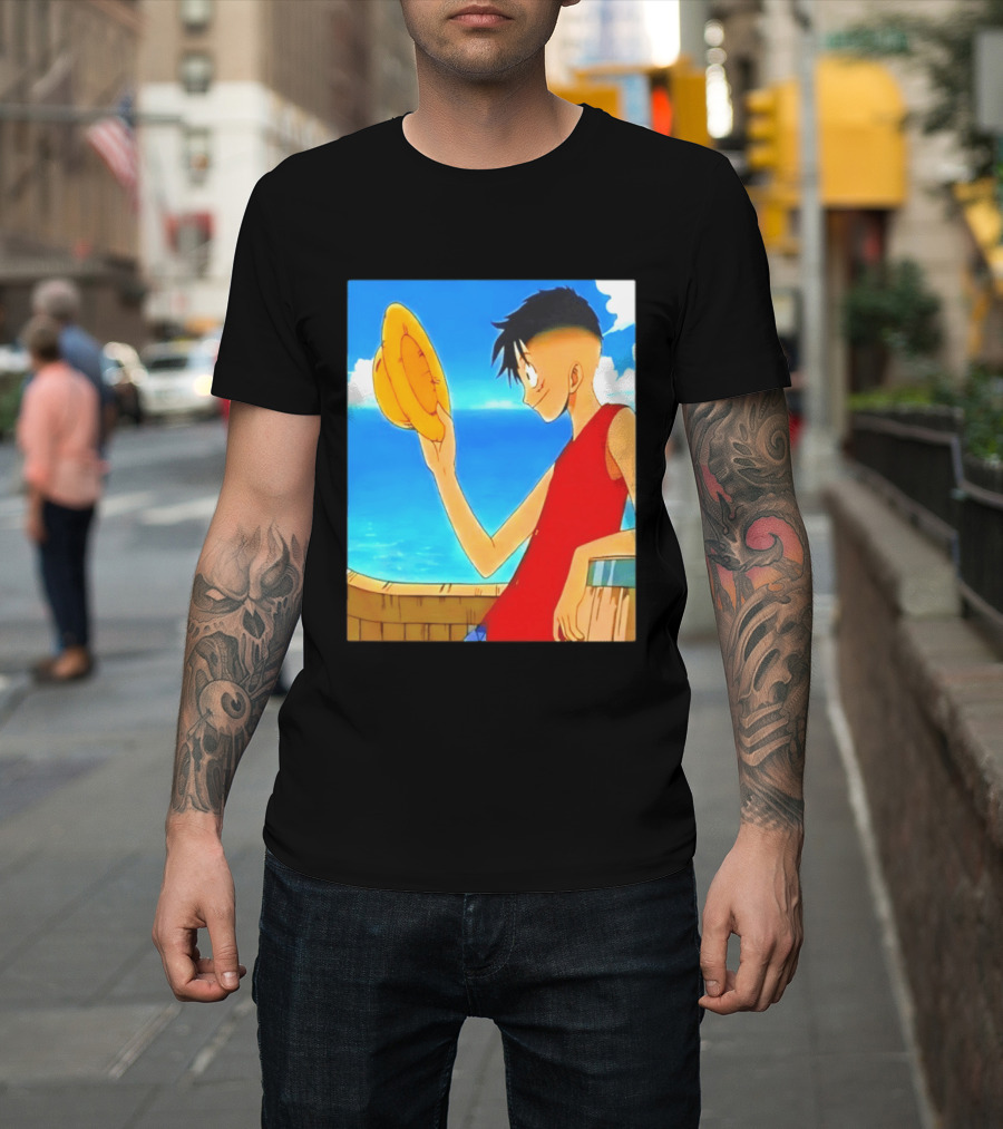 One Piece Luffy Taper Fade Anime Manga Straw Hat Ocean Scene T-Shirt