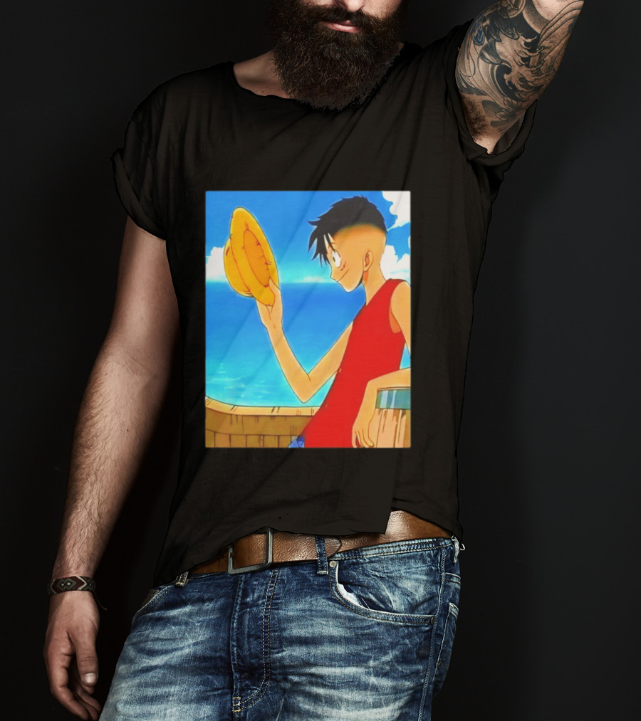 One Piece Luffy Taper Fade Anime Manga Straw Hat Ocean Scene T-Shirt