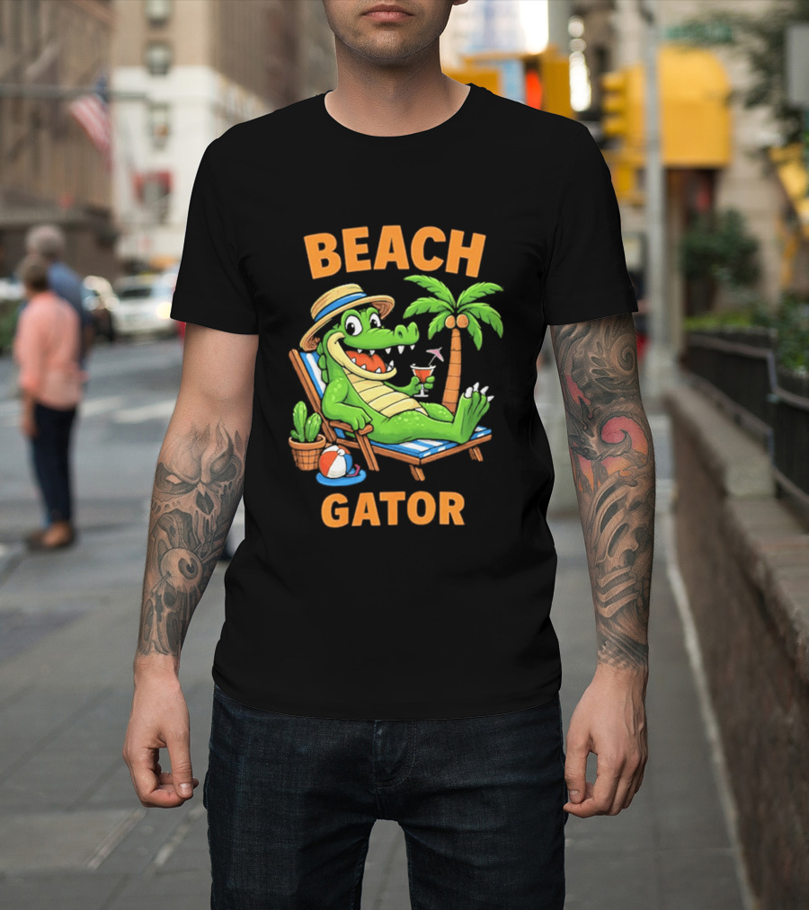 Beach Gator Tropical Alligator Vacation Relaxing With Cocktail Palm Tree T-Shirt