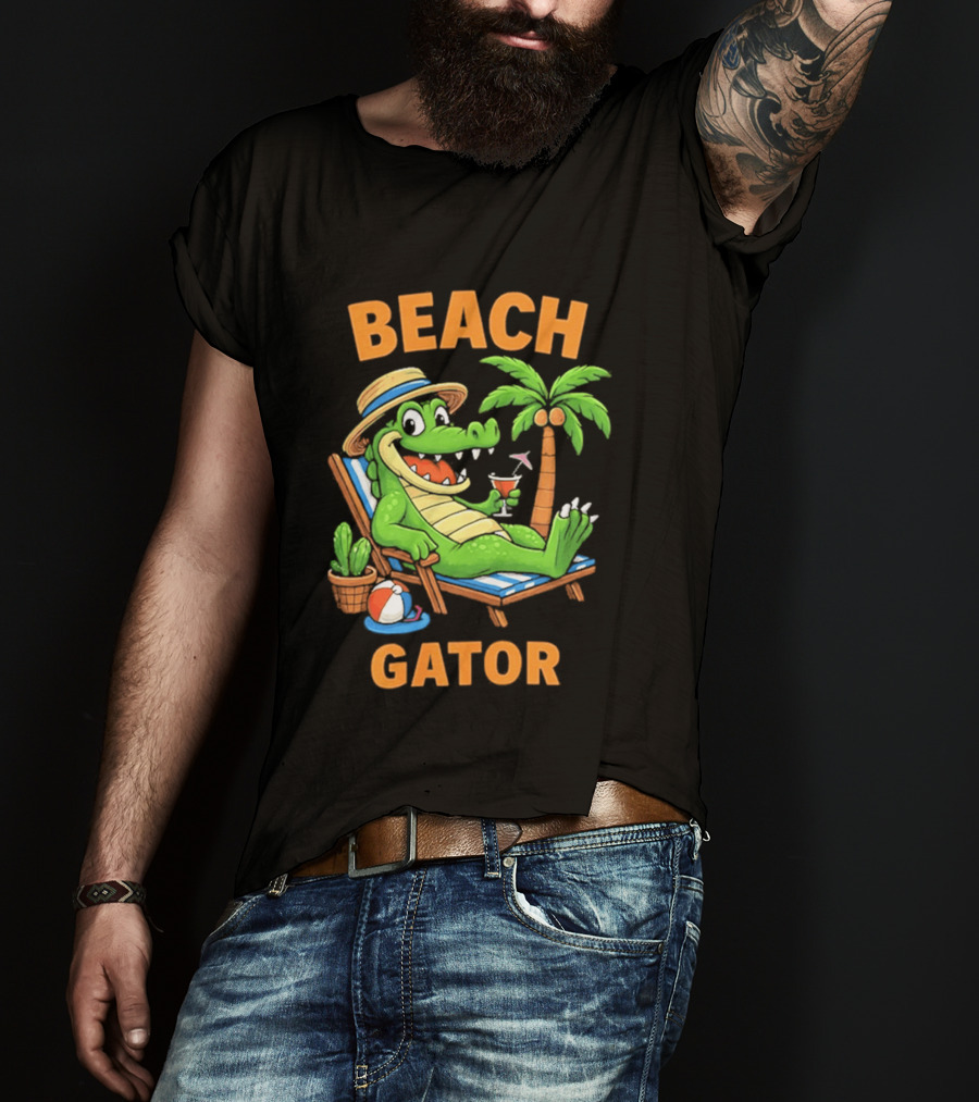 Beach Gator Tropical Alligator Vacation Relaxing With Cocktail Palm Tree T-Shirt