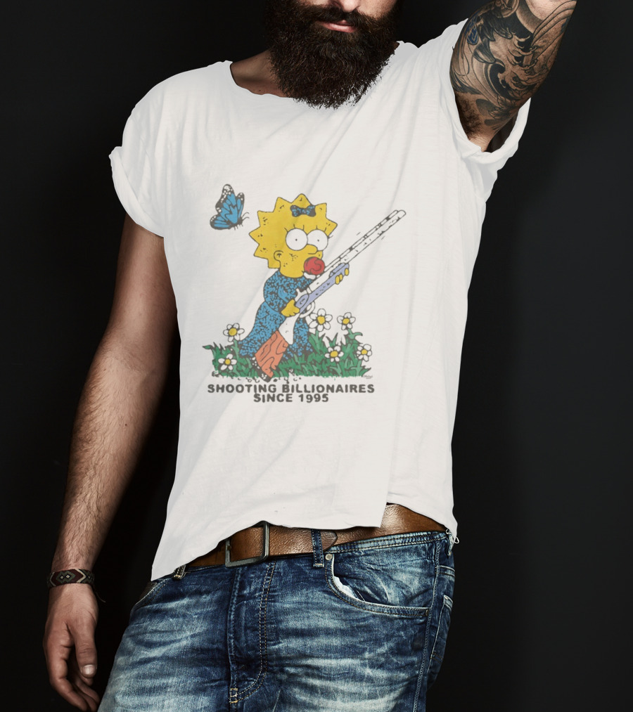 Maggie Simpson Shooting Billionaires Butterfly And Flowers Since 1995 T-Shirt