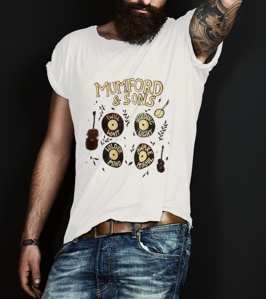 Mumford And Sons I Will Wait Guiding Light Wilder Mind Awake My Soul Vinyl Record Banjo Guitar T-Shirt