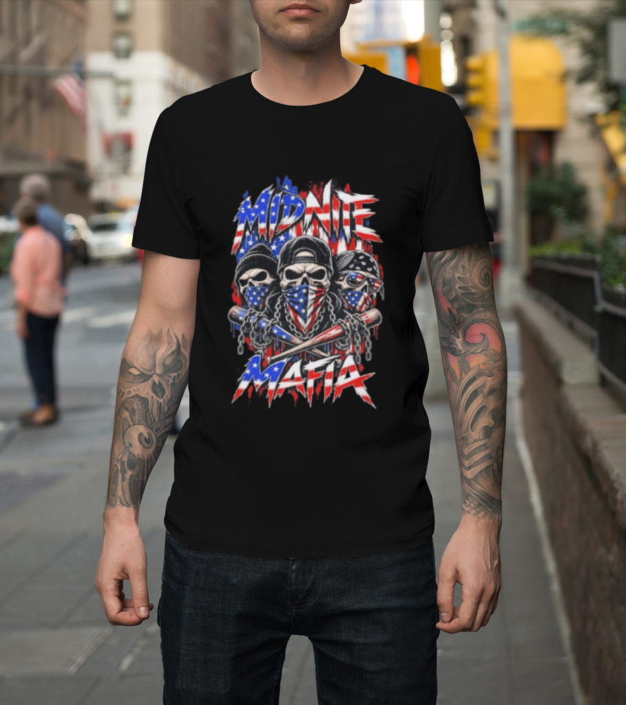 Midnite Mafia Skulls American Flag Bandanas Baseball Bats Chains T-Shirt