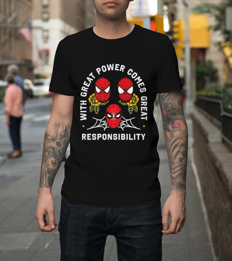 With Great Power Comes Great Responsibility Spider Man Masks Webs Flowers T-Shirt