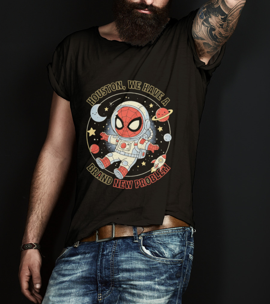 Houston We Have A Brand New Problem Spider Man Astronaut Moon Stars Planets T-Shirt