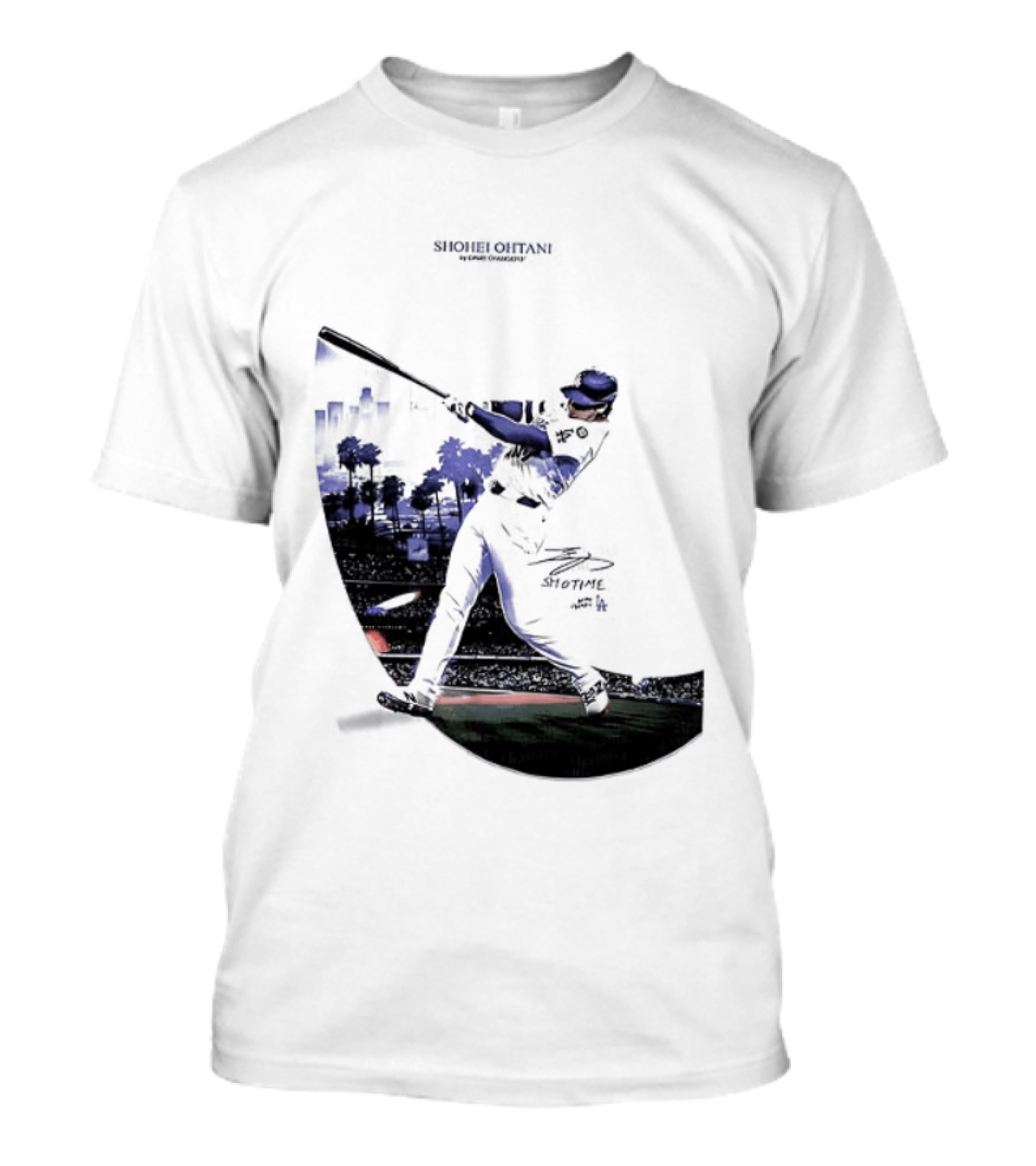 Shohei Ohtani 17 Los Angeles Angels MLB Slugger Swing Two Sided T-Shirt