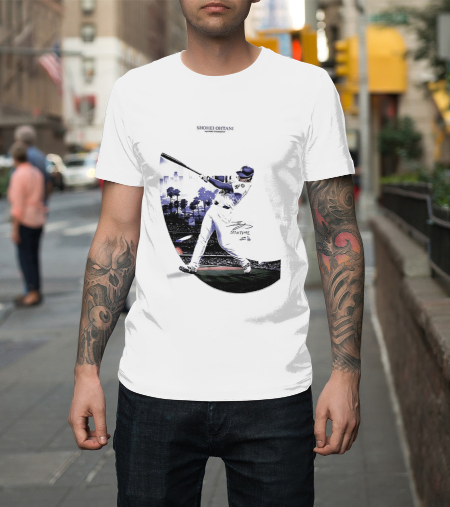 Shohei Ohtani 17 Los Angeles Angels MLB Slugger Swing Two Sided T-Shirt