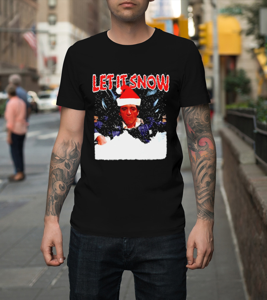 Let It Snow Al Pacino Scarface Tony Montana Snowflakes Santa Hat T-Shirt